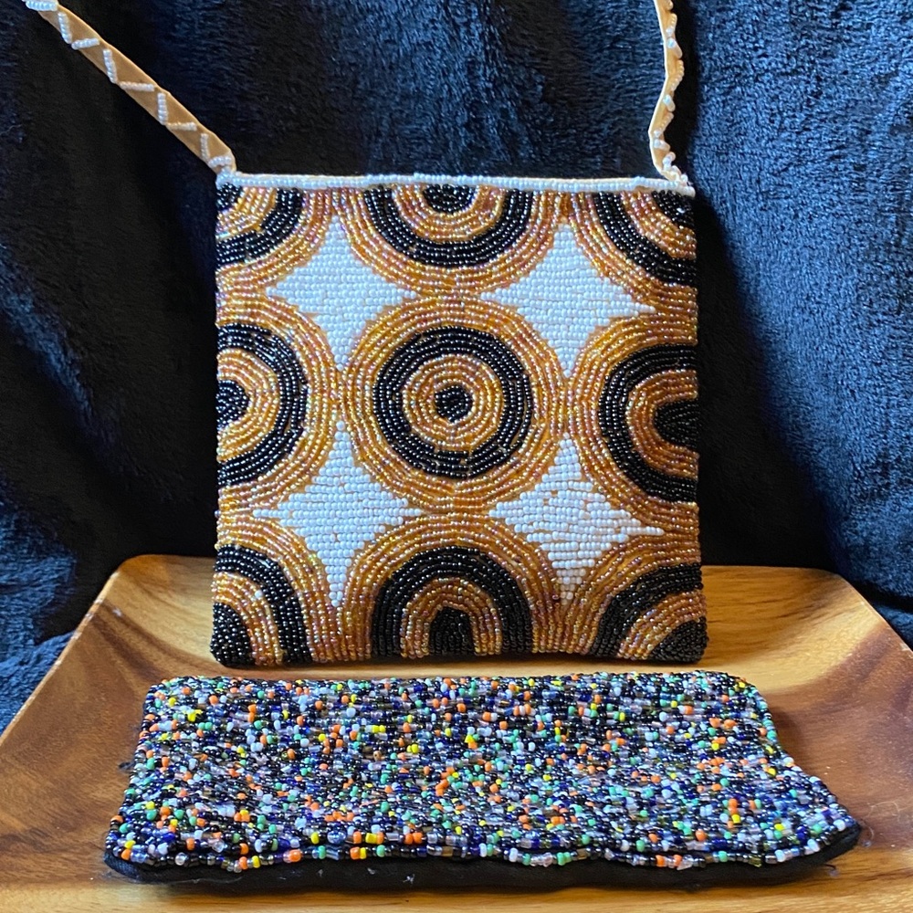Intricate Beaded Crossbody - Black, Gold, White & multi beaded zippered pouch